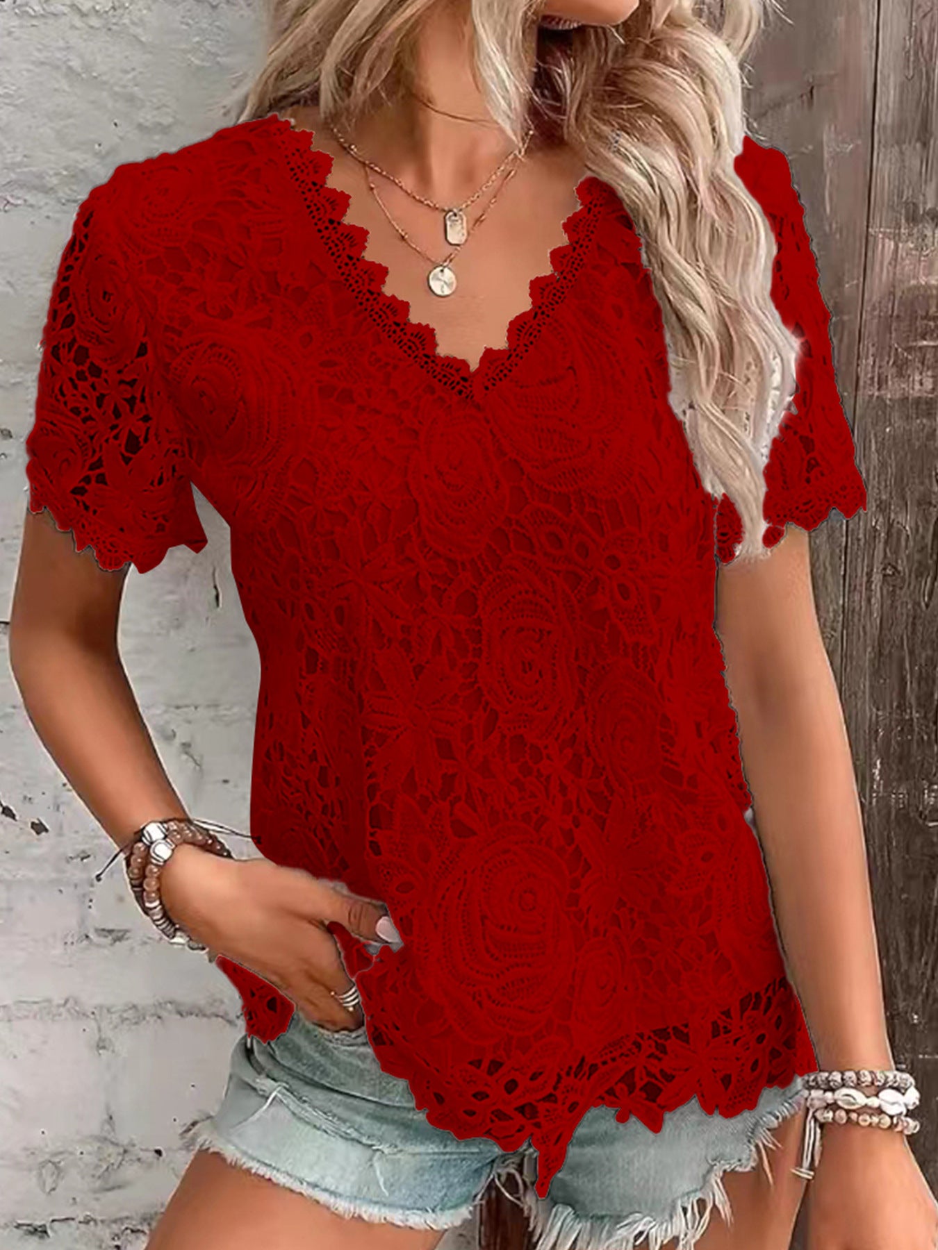 【🎁Top SALE】Modna koronkowa bluzka z krótkim rękawem w kształcie litery V