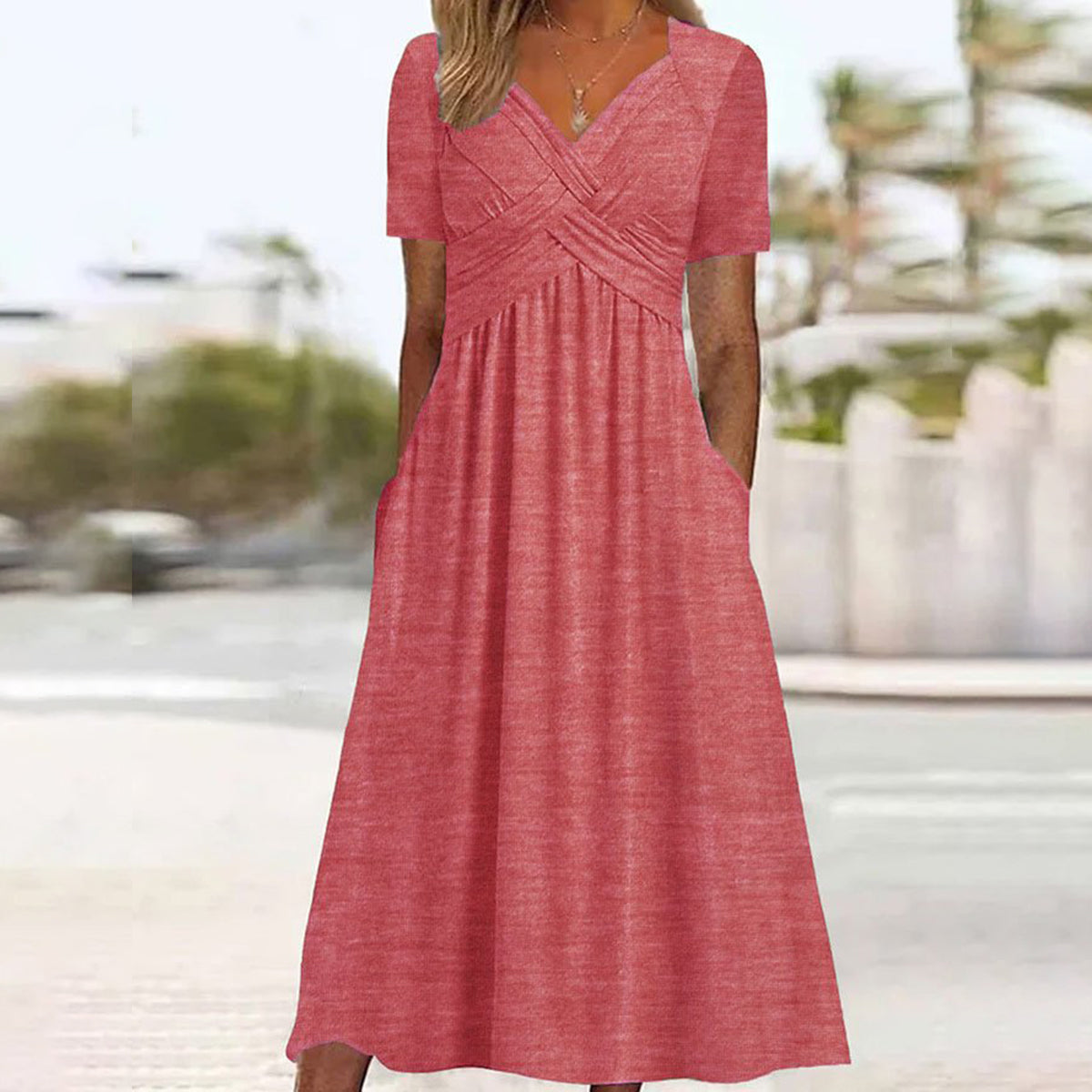🔥🔥【S-3XL】Sukienka Pure Color Casual Fashion o średniej długości
