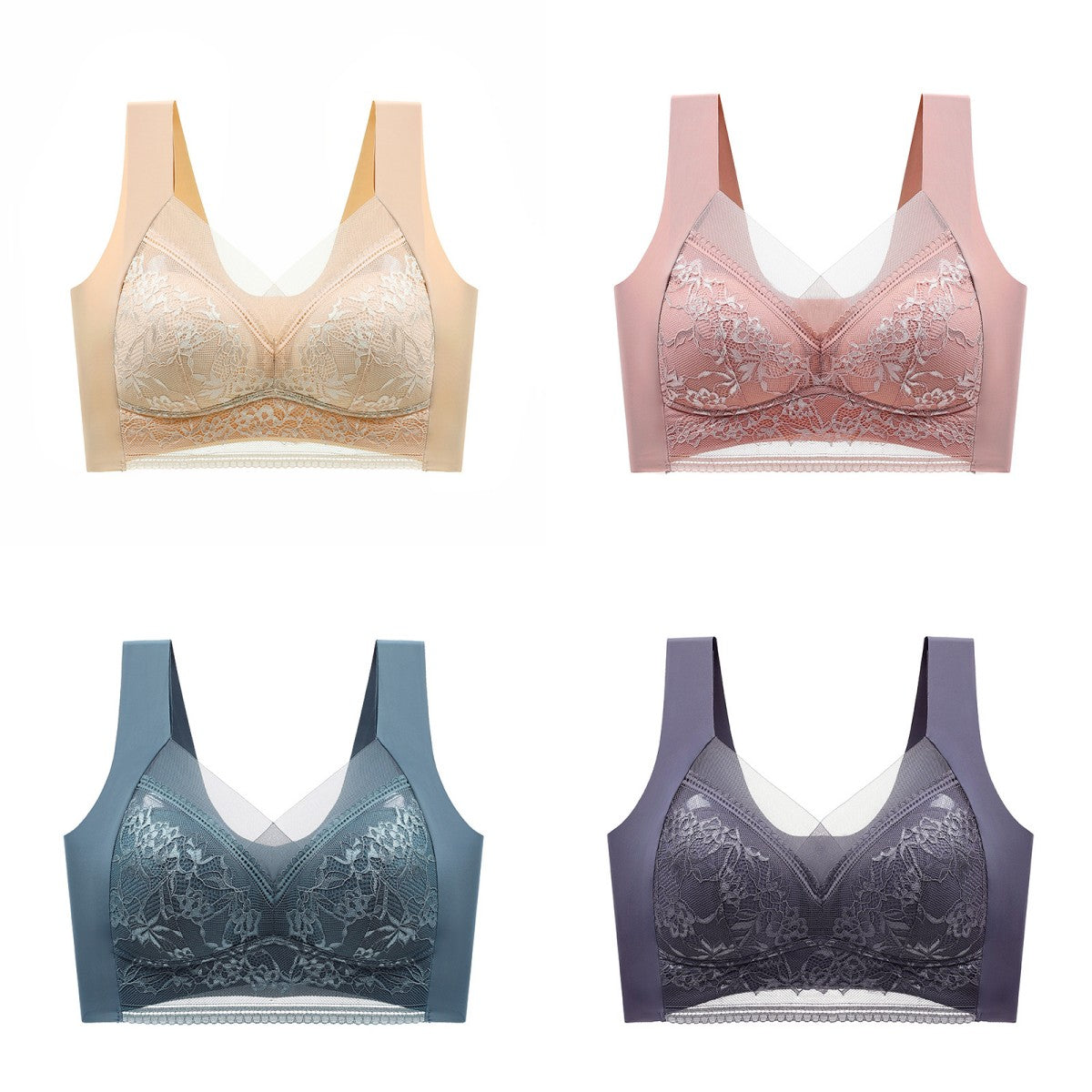 🥰【1 komplet 4 sztuki】👙【40-110 KG】Damski wygodny, bezszwowy koronkowy biustonosz