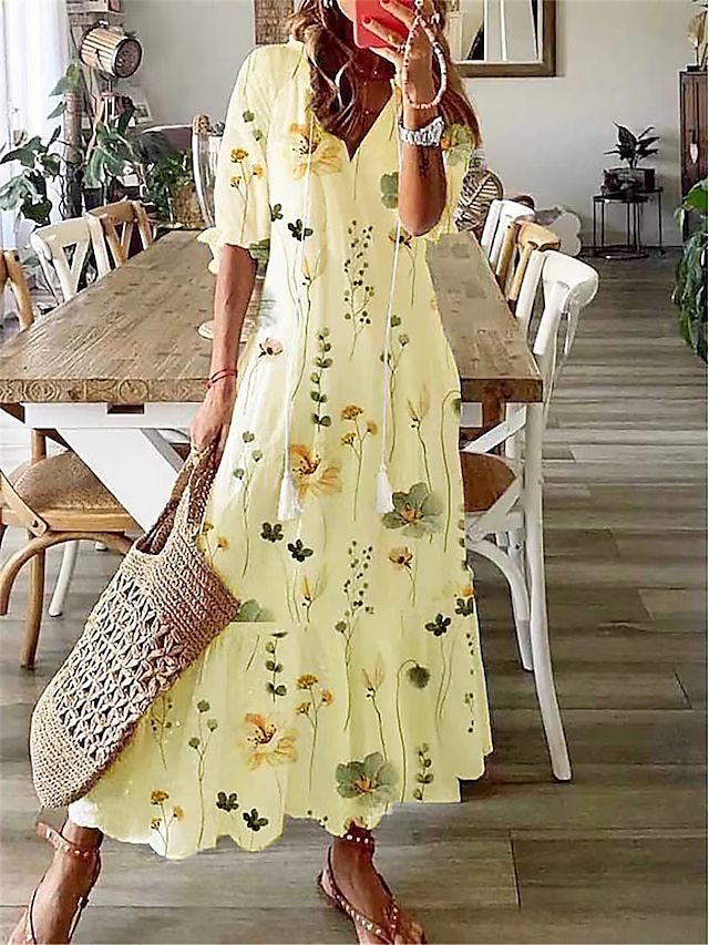 👗【S-3XL】Letní pohodlné šaty s výstřihem do V a potiskem, příjemné k pokožce, prodyšné a zeštíhlující