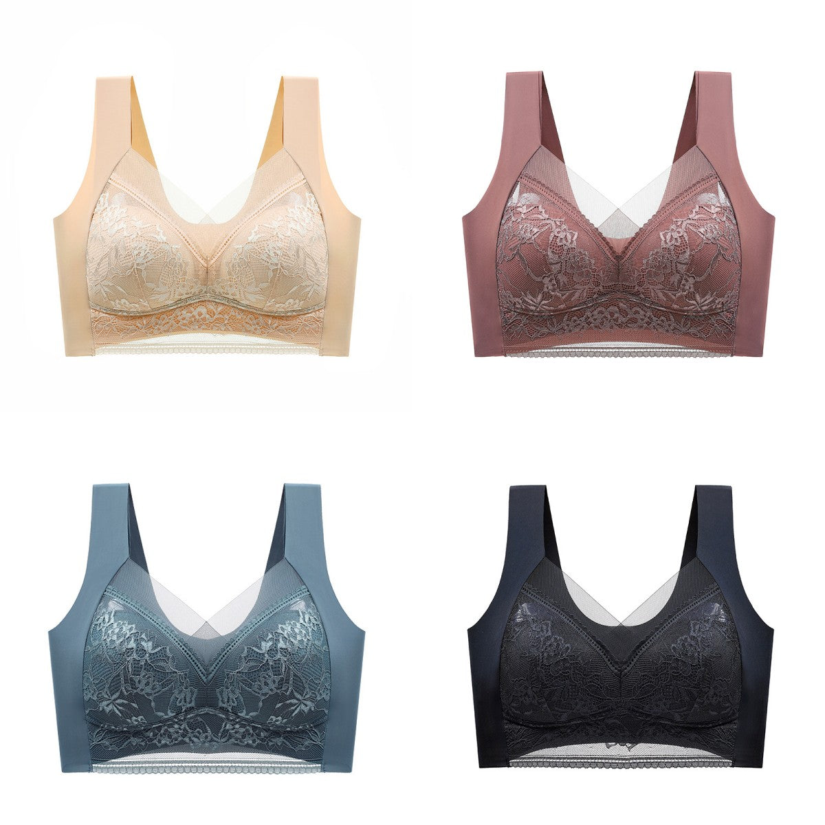 🥰【1 komplet 4 sztuki】👙【40-110 KG】Damski wygodny, bezszwowy koronkowy biustonosz