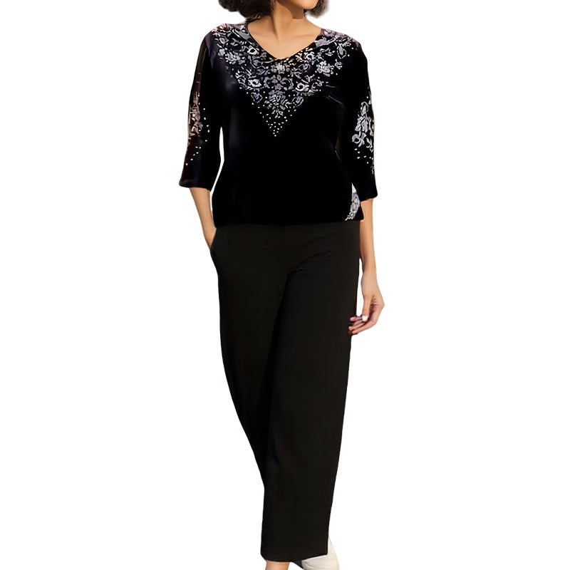 🌟🔥 【50% zniżki】💜Aksamitny damski komplet top i spodnie z kryształkami