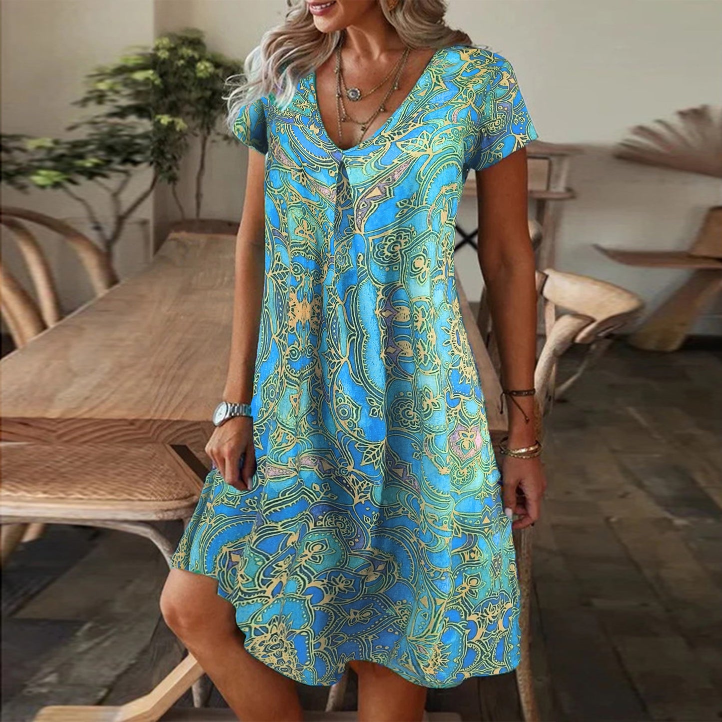 🔥👗【S-5XL】Luźna letnia sukienka z dekoltem w szpic i krótkim rękawem