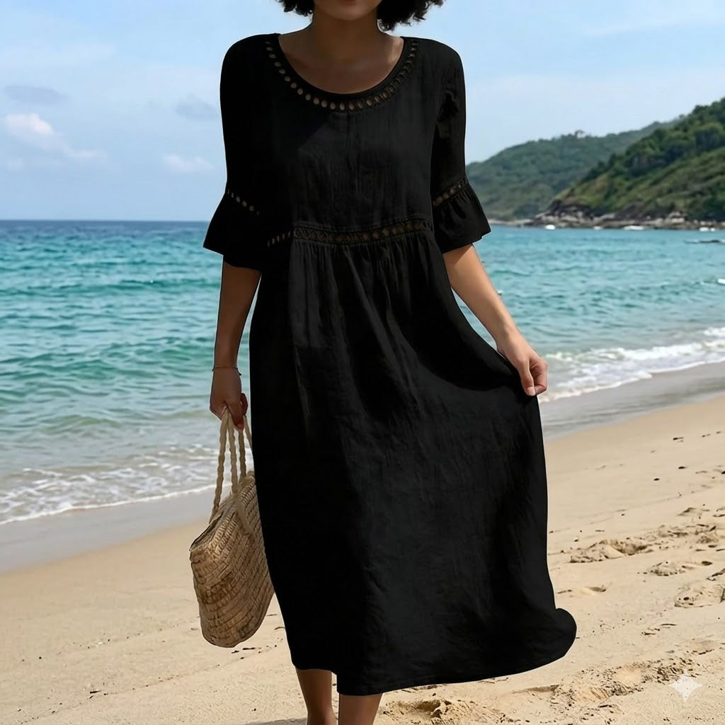 ✨【S–3XL】Ženska obleka slim kroja iz bombaža in lana, okrogel izrez, napihnjeni rokavi, zračna in mehka, udobna za nošenje