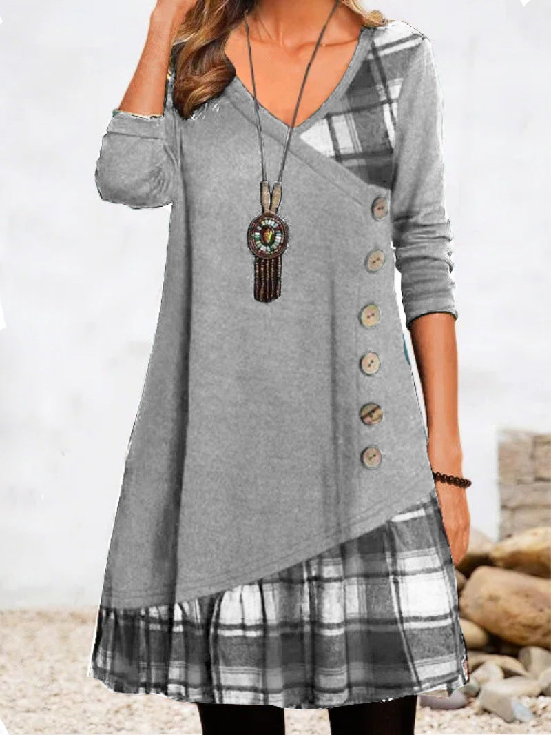 💟【Jesienne nowości】👗【S-3XL】 2024 Nowa elegancka sukienka w kratę z dekoltem w kształcie litery V, z długim rękawem