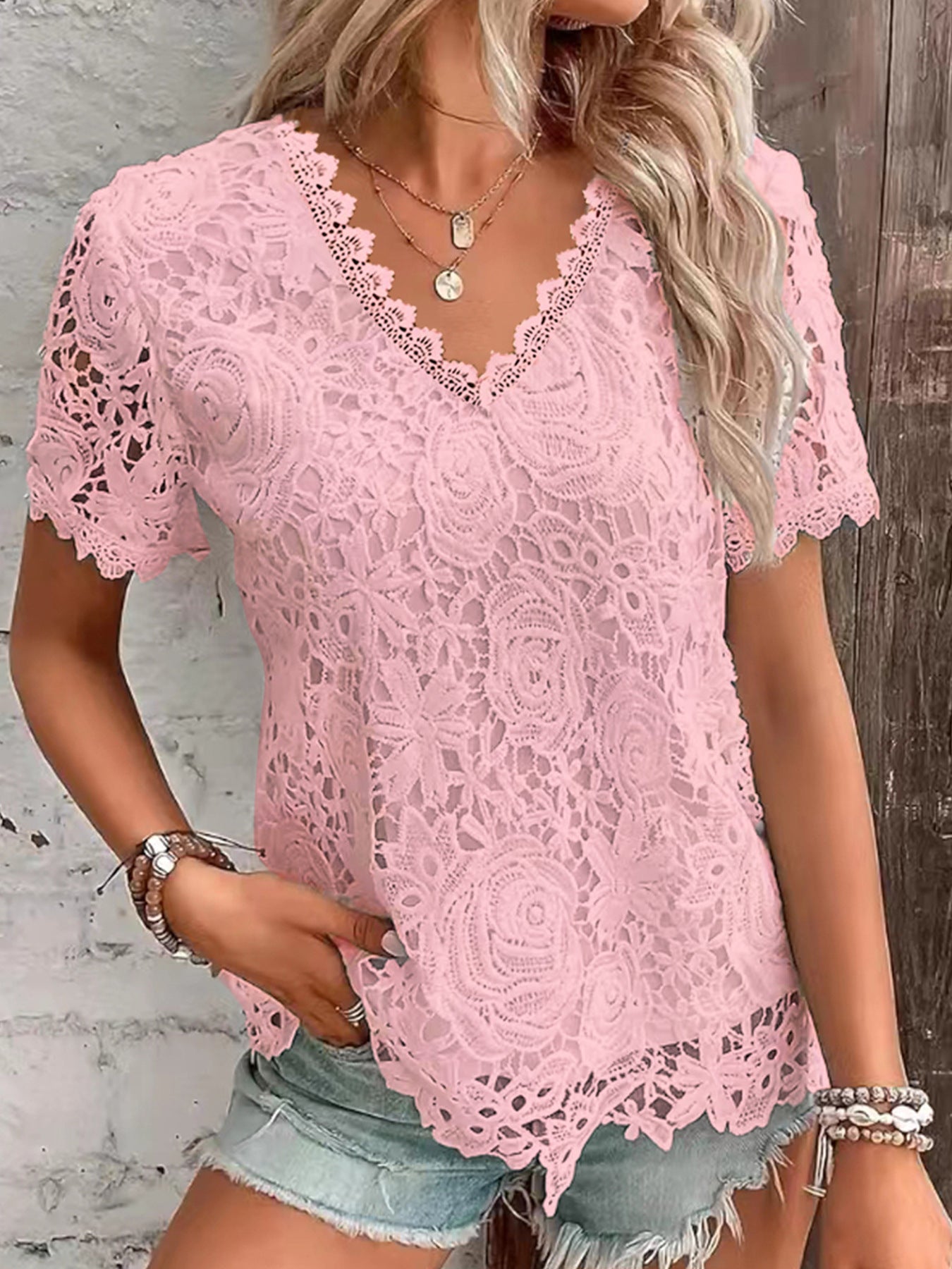 【🎁Top SALE】Modna koronkowa bluzka z krótkim rękawem w kształcie litery V