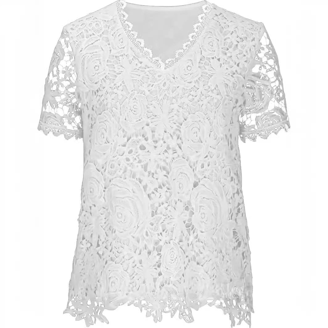 【🎁Top SALE】Modna koronkowa bluzka z krótkim rękawem w kształcie litery V
