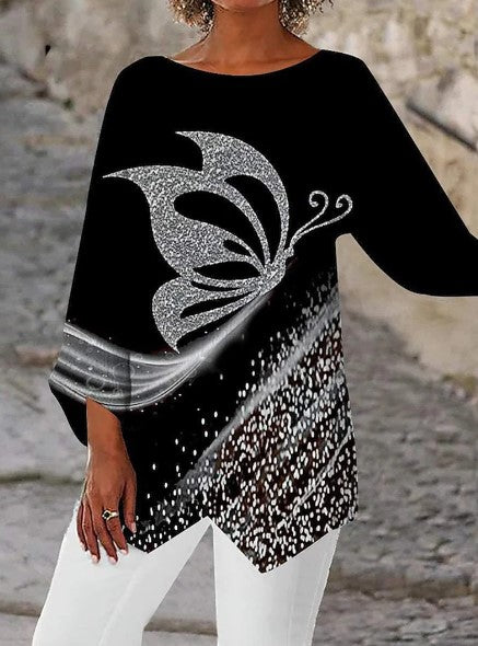 Spring Summer Geometric Print Long Sleeve Patchwork Crew Neck Shirt 3616362