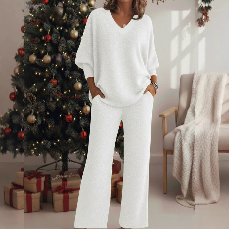 ✨✨【S-4XL】Jesienno-zimowy błyszczący dwuczęściowy komplet bluzowy z długimi rękawami i dekoltem w serek