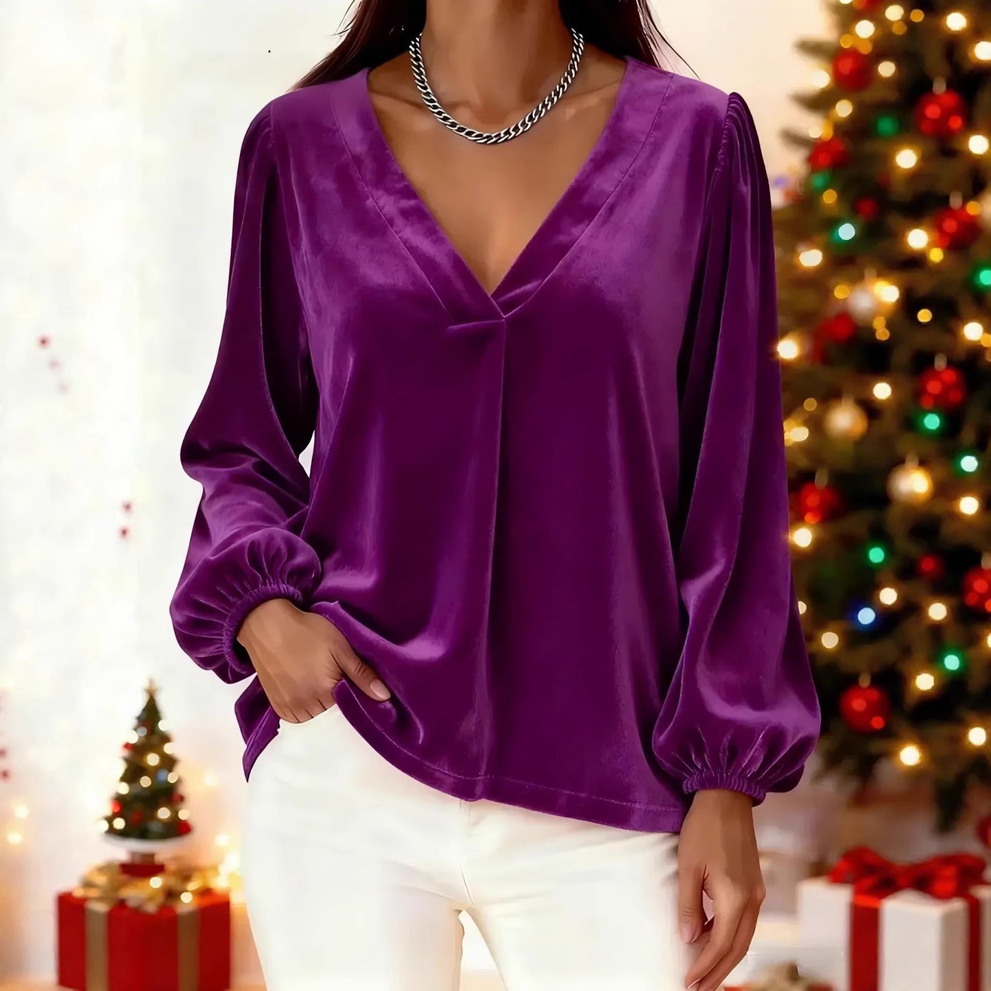 🥰🥰【M-3XL】🌺Bestsellerowy, elegancki i luksusowy T-shirt, złoty aksamitny dekolt w serek, rękawy typu lampion