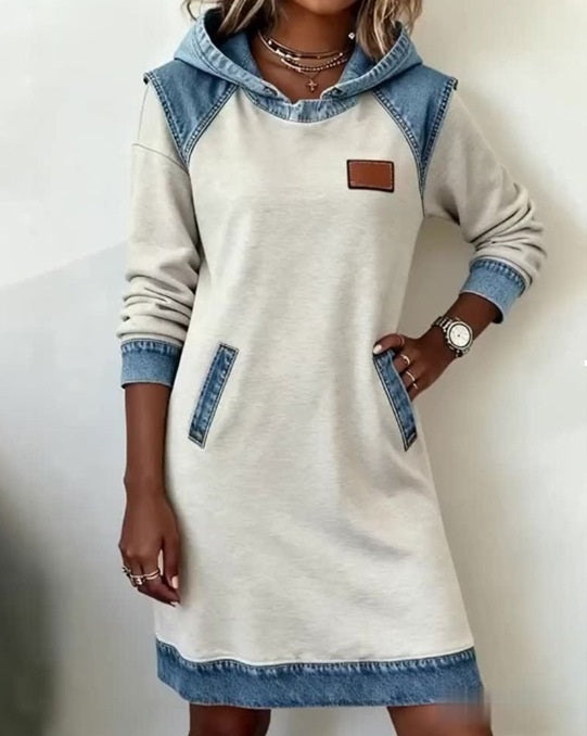 🔥【S-3XL】🌷🌞Zimná novinka Módne džínsové patchworkové šaty s kapucňou