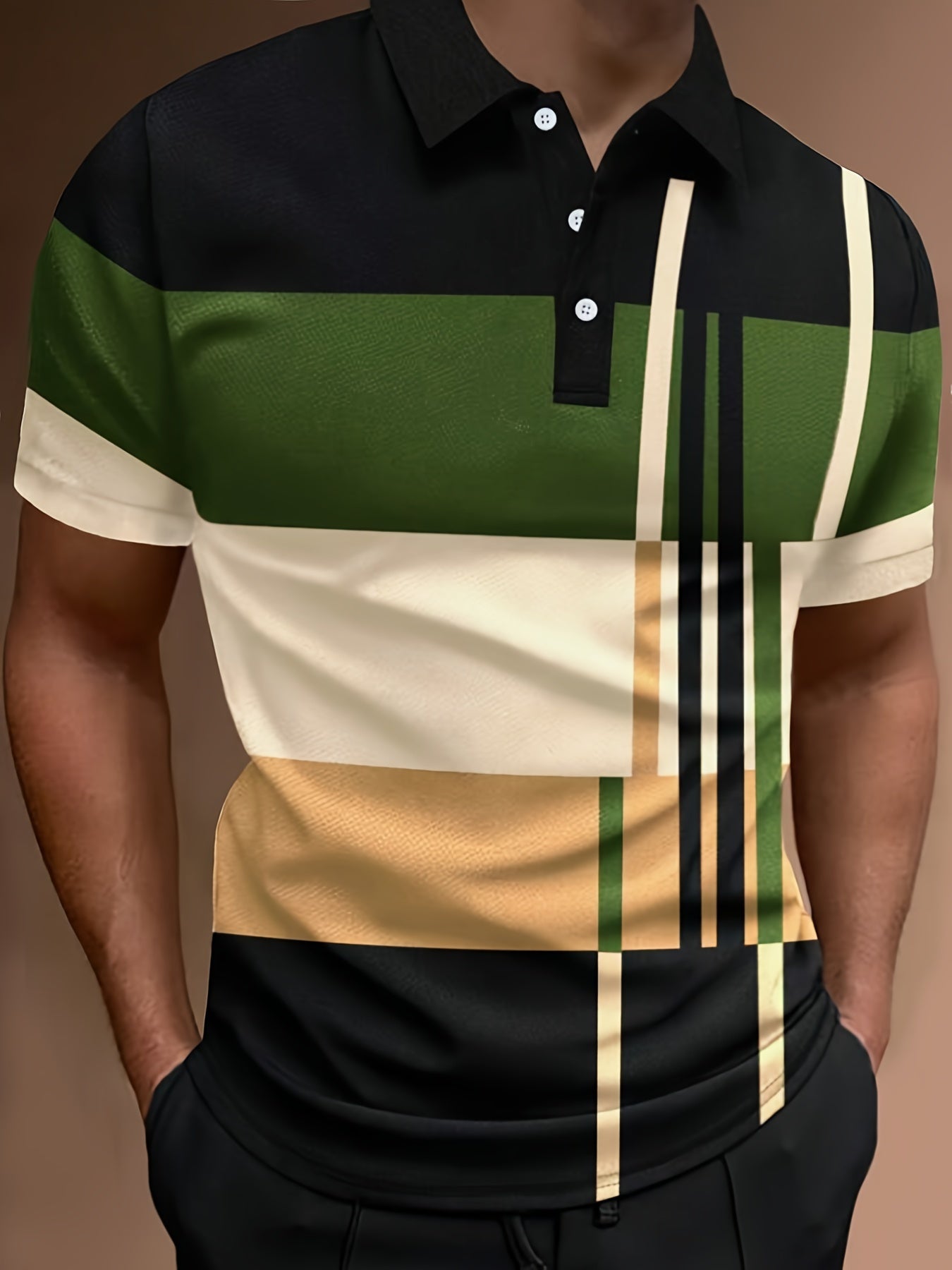 👔【S-6XL】Camisa POLO con estampado informal de bloques de color a rayas 3D para hombre
