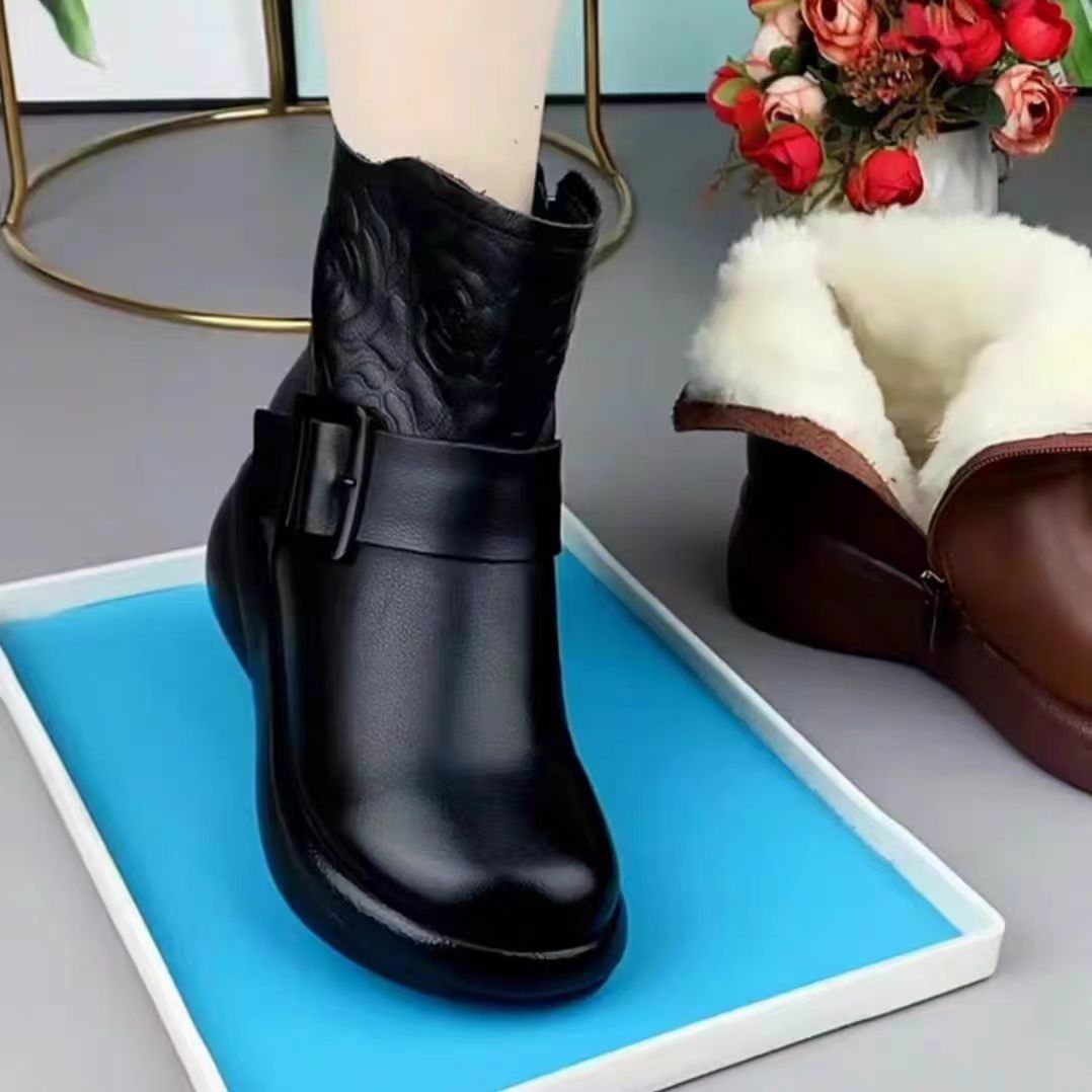 【35-40】Nowe skórzane buty zimowe z grubą podeszwą i okrągłymi noskami
