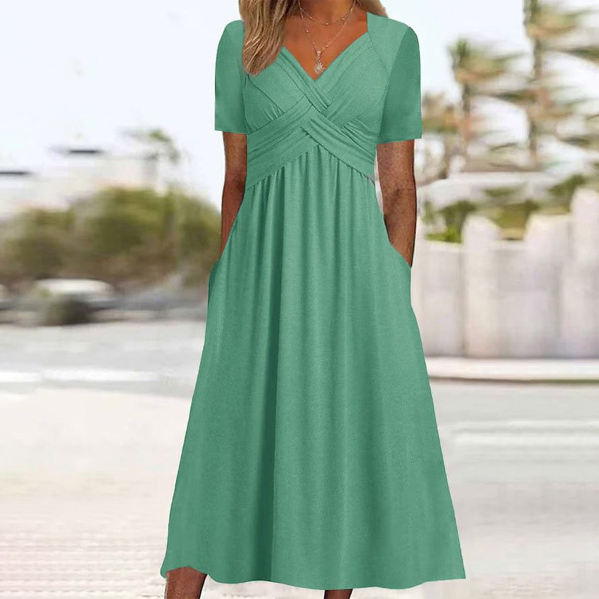 🔥🔥【S-3XL】Sukienka Pure Color Casual Fashion o średniej długości