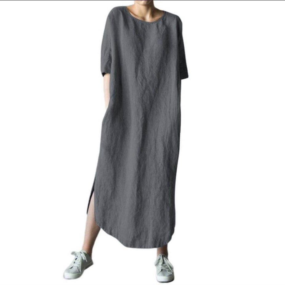 ✨【S-4XL】Damska casualowa sukienka z bawełny i lnu z okrągłym dekoltem, przewiewna i wygodna