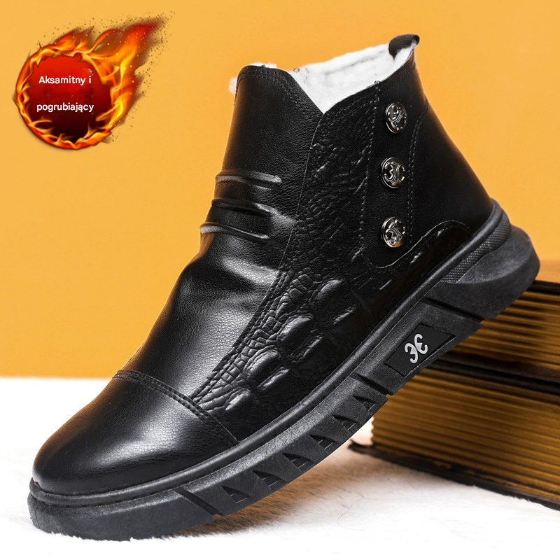 【39-44】⛄ Męskie skórzane śniegowce, skóra z bawełnianą podszewką, ciepłe, antypoślizgowe, wodoodporne, wygodne i uniwersalne.