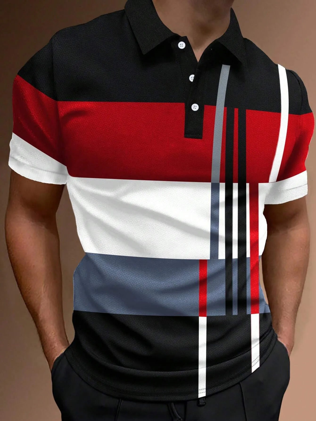 👔【S-6XL】Camisa POLO con estampado informal de bloques de color a rayas 3D para hombre