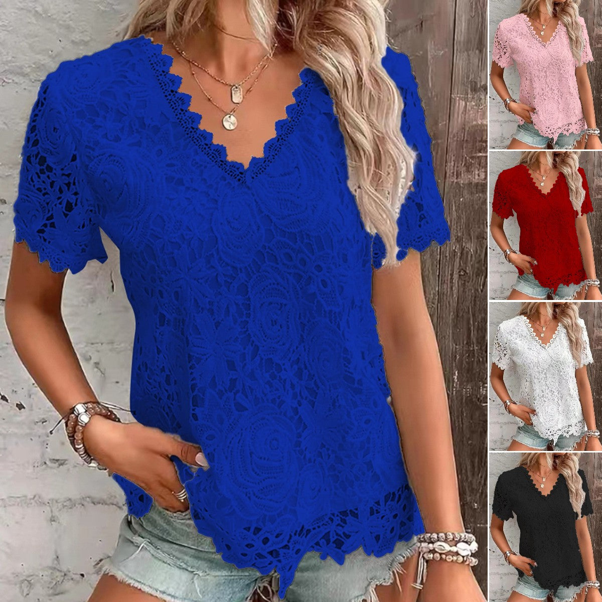 【🎁Top SALE】Modna koronkowa bluzka z krótkim rękawem w kształcie litery V