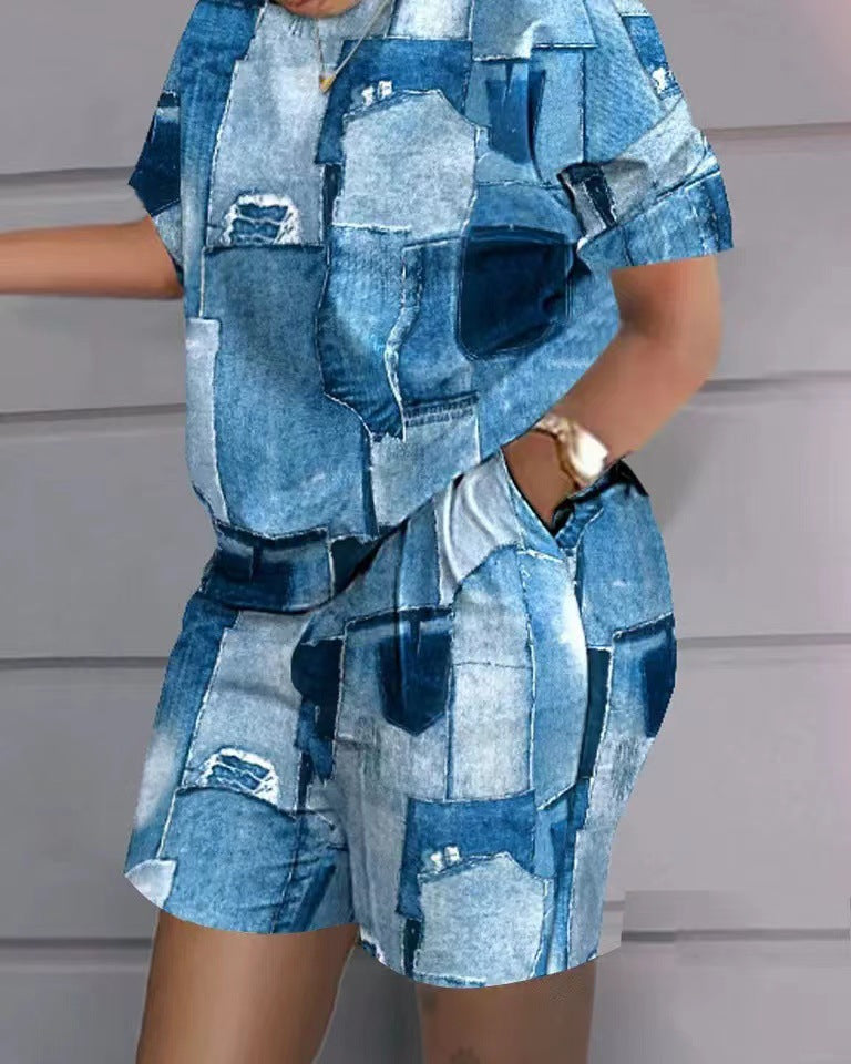 😍 【Top + spodenki】 Damskie, letnie modne bluzki z okrągłym dekoltem i luźne szorty