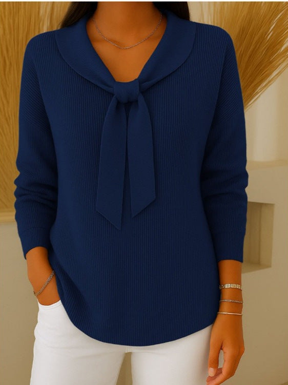 【S~5XL】Sweter damski w jednolitym kolorze z wiązaniem i długim rękawem, swobodny i luźny