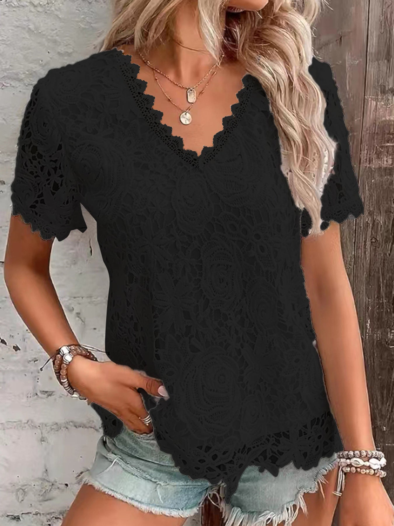【🎁Top SALE】Modna koronkowa bluzka z krótkim rękawem w kształcie litery V