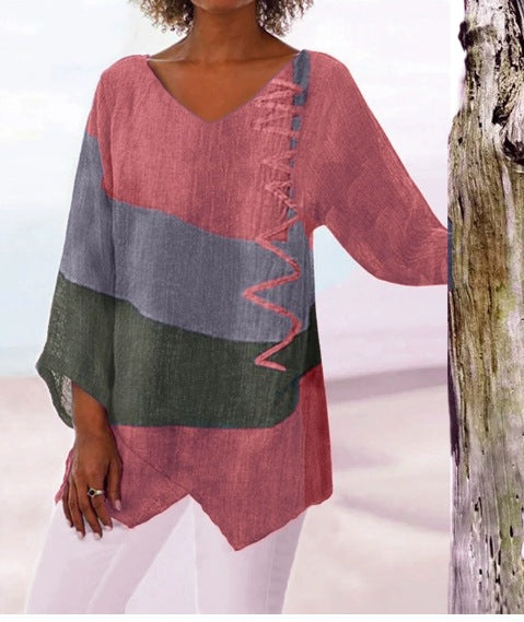 😍【S~5XL】Dámský elegantní ležérní top s výstřihem do V a dlouhým rukávem, uměleckým vzorem a potiskem