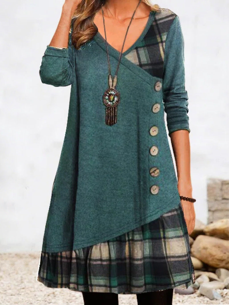 💟【Jesienne nowości】👗【S-3XL】 2024 Nowa elegancka sukienka w kratę z dekoltem w kształcie litery V, z długim rękawem