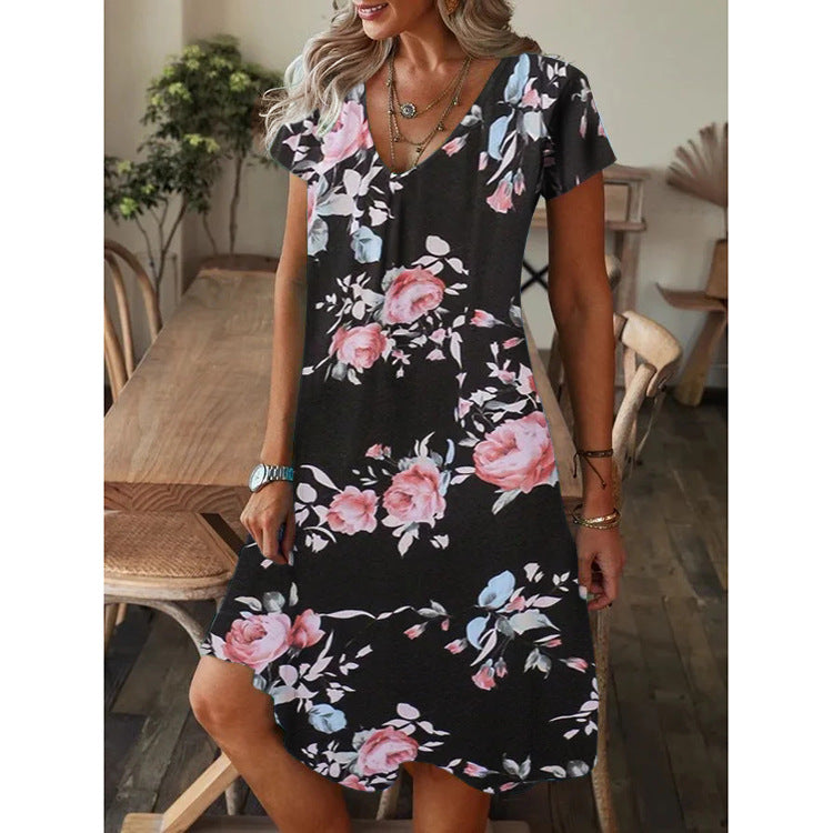 🔥👗【S-5XL】Luźna letnia sukienka z dekoltem w szpic i krótkim rękawem