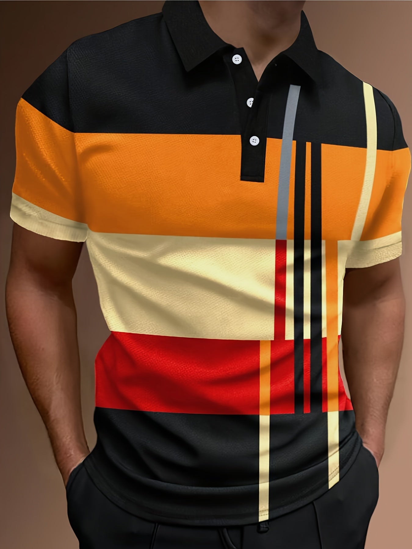 👔【S-6XL】Camisa POLO con estampado informal de bloques de color a rayas 3D para hombre