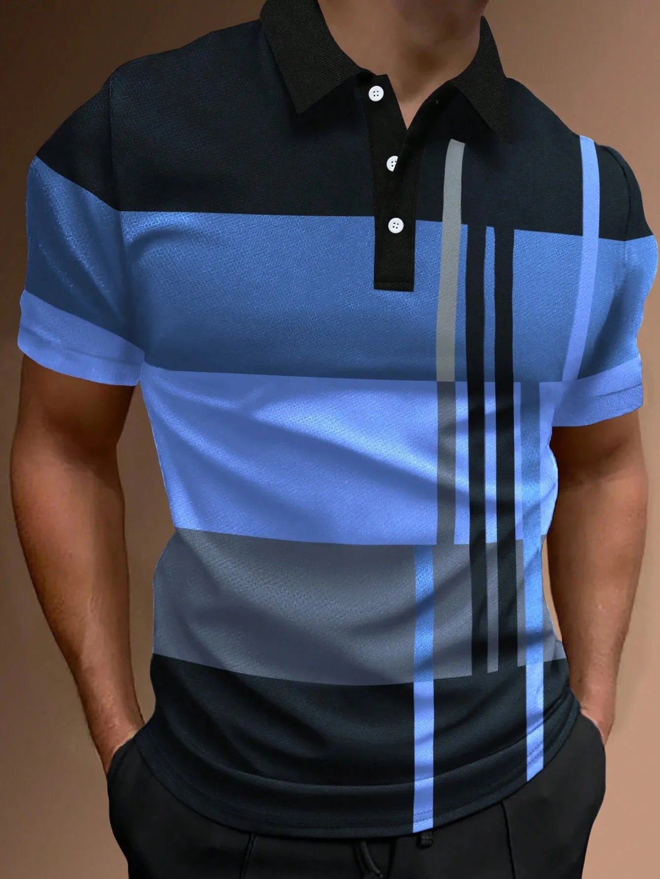 👔【S-6XL】Camisa POLO con estampado informal de bloques de color a rayas 3D para hombre