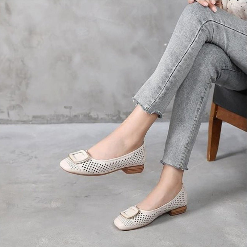 💥【35-40】2024 nowe wiosenne letnie skórzane buty buty dla matek boso modne płytkie usta miękka podeszwa damskie buty na grubym obcasie