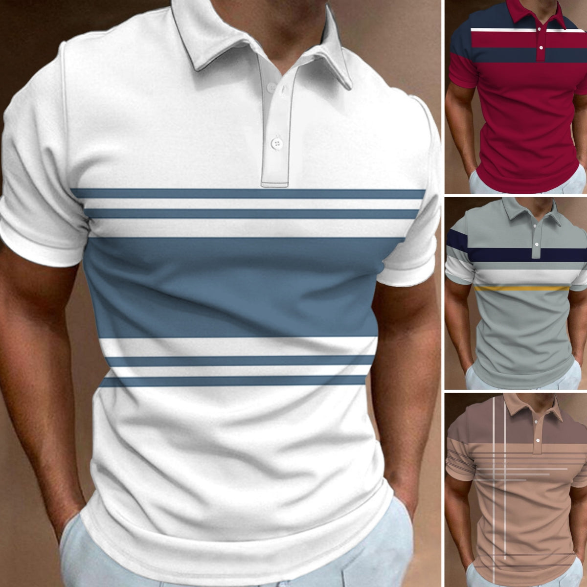 👔【S-6XL】🔥Męska nowa letnia koszulka POLO w paski z nadrukiem 3D