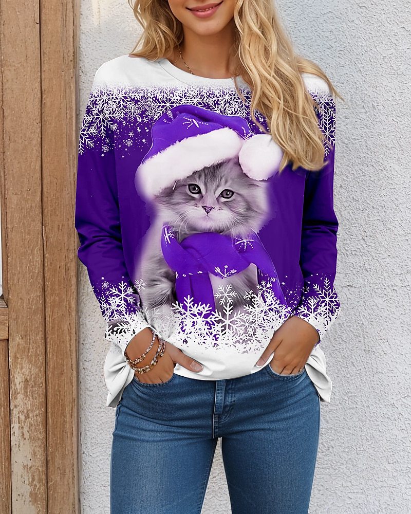 🎄🧑🎄【S-8XL】 Świąteczna koszulka z długim rękawem i nadrukiem 3D z kotem