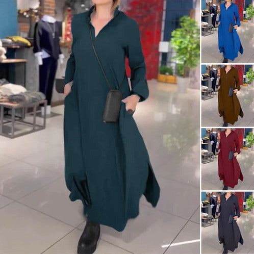 💋【S-3XL】Jednokolorowa sukienka casual z długim rękawem w kształcie litery V