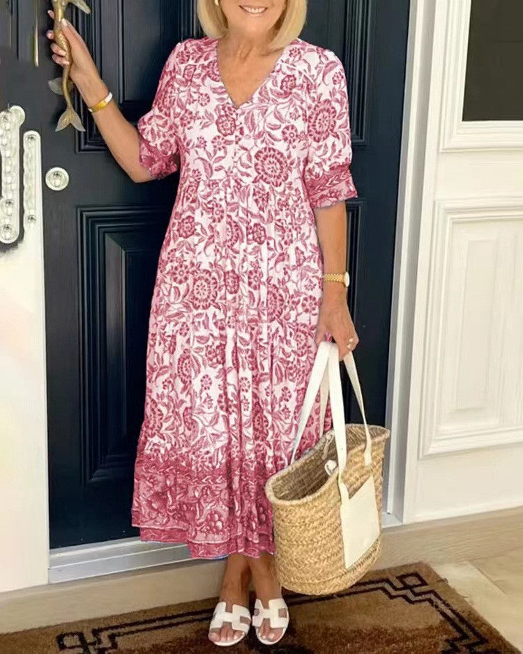 🌸💃【S-3XL】Sukienka z dekoltem w serek i niebieskim kwiatowym nadrukiem