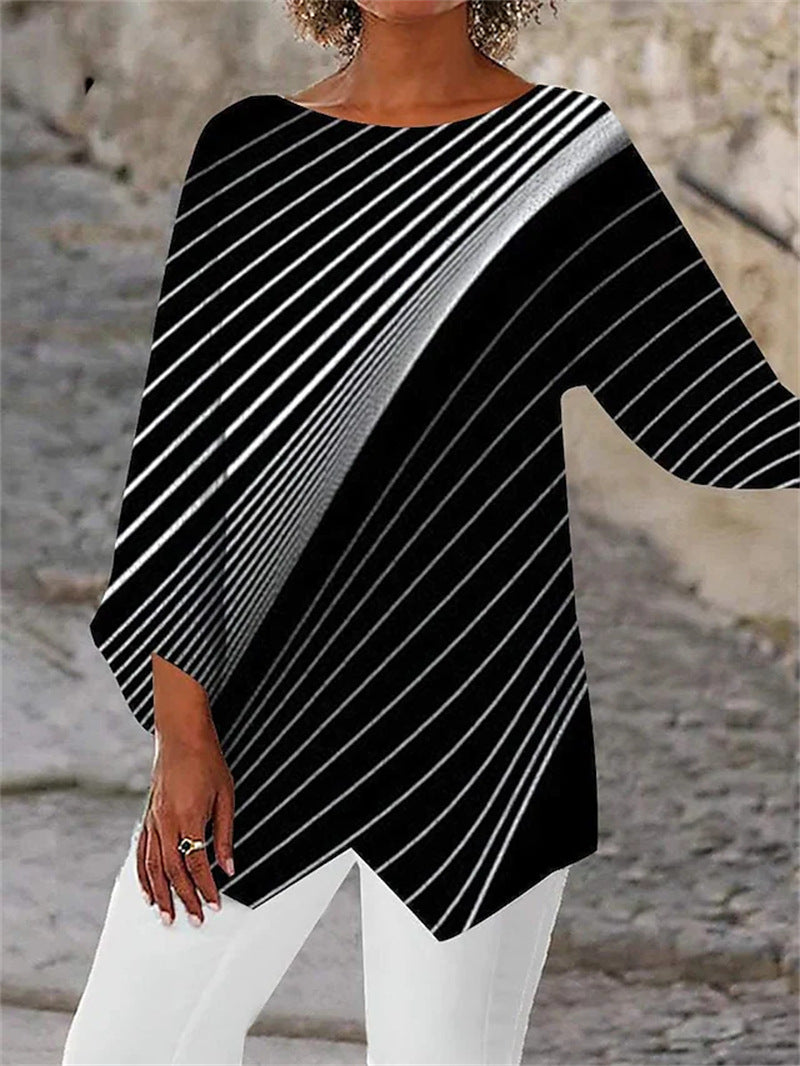 Spring Summer Geometric Print Long Sleeve Patchwork Crew Neck Shirt 3616362