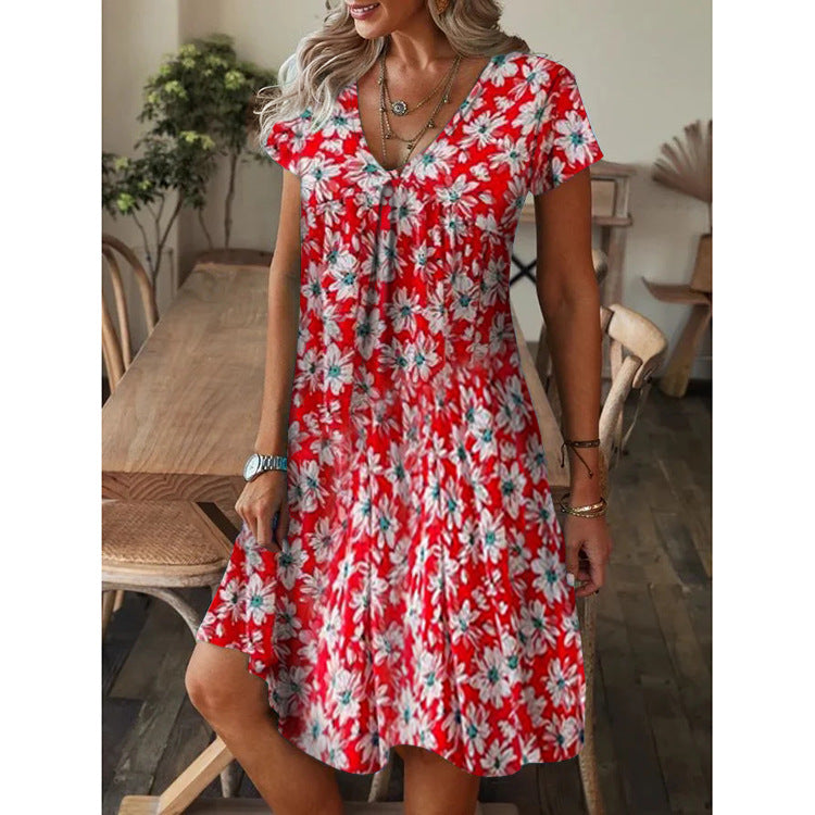 🔥👗【S-5XL】Luźna letnia sukienka z dekoltem w szpic i krótkim rękawem