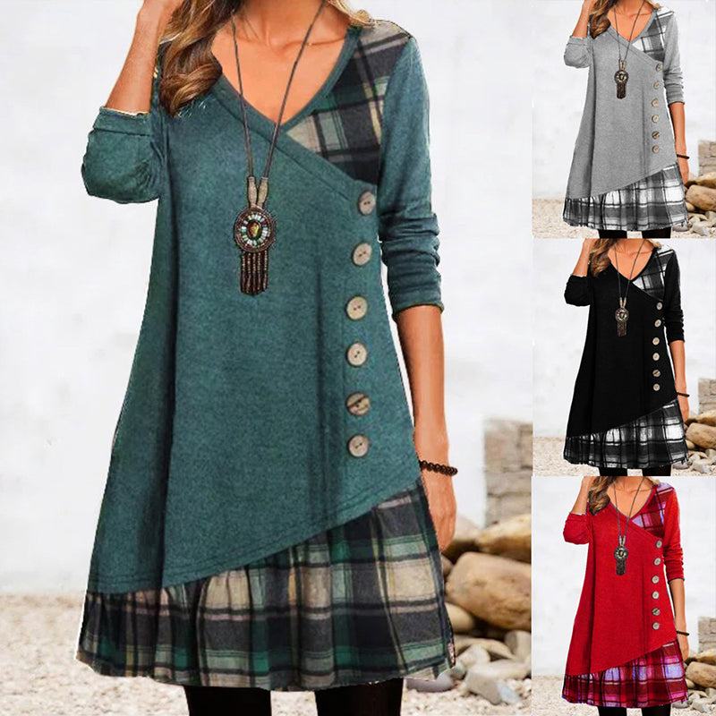 💟【Jesienne nowości】👗【S-3XL】 2024 Nowa elegancka sukienka w kratę z dekoltem w kształcie litery V, z długim rękawem