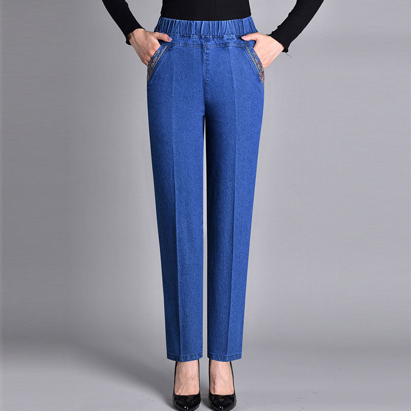 【XL-5XL】Jeans elásticos de pierna recta informales de estilo clásico para mujer