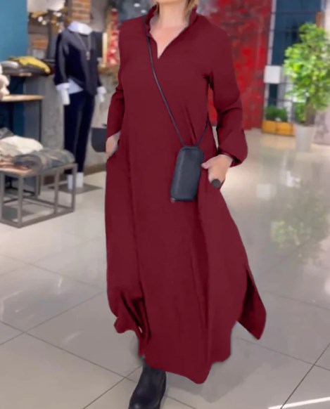 💋【S-3XL】Jednokolorowa sukienka casual z długim rękawem w kształcie litery V