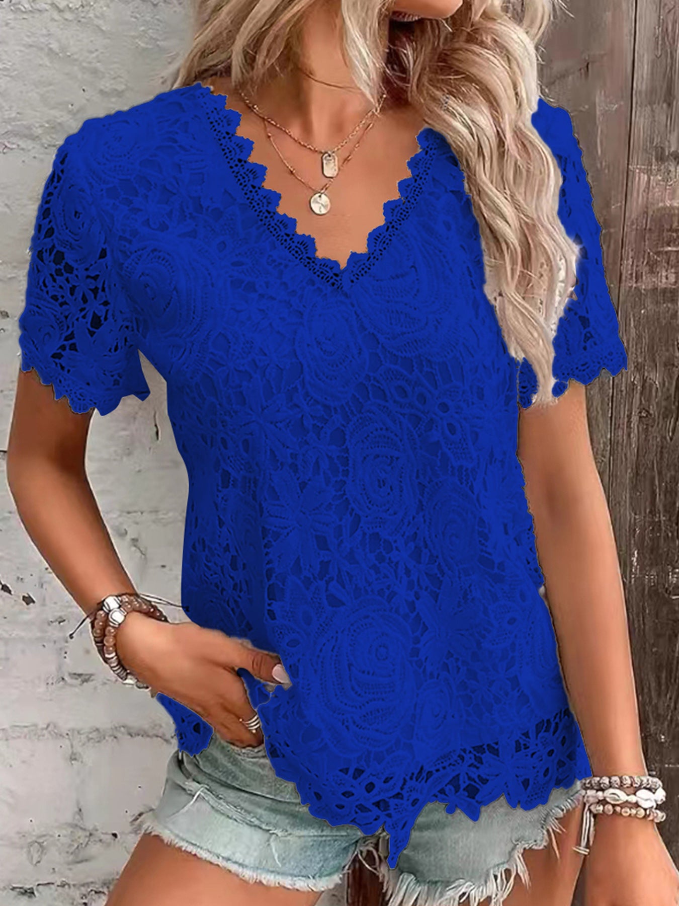 【🎁Top SALE】Modna koronkowa bluzka z krótkim rękawem w kształcie litery V