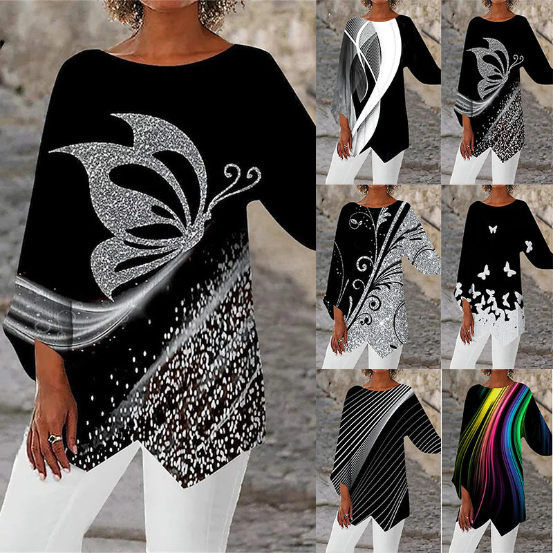 Spring Summer Geometric Print Long Sleeve Patchwork Crew Neck Shirt 3616362