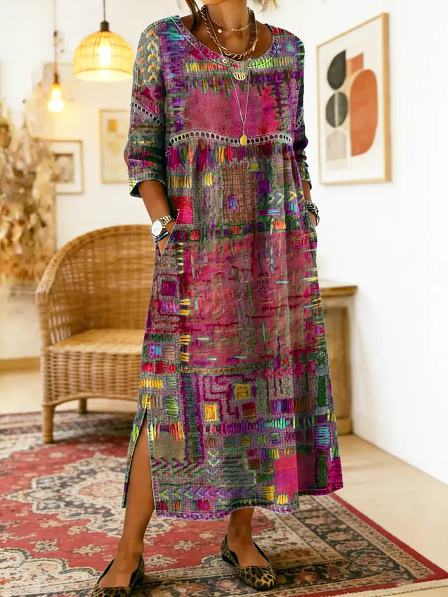 ✨ Zadnji dan 50% popusta!【S-5XL】Poletna retro obleka z okroglim izrezom in potiskom, lahka in zračna, oprijeta in enostavna za kombiniranje.