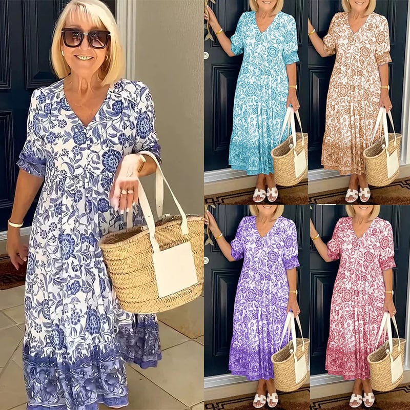 🌸💃【S-3XL】Sukienka z dekoltem w serek i niebieskim kwiatowym nadrukiem