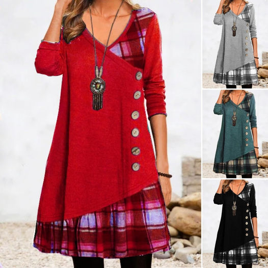 💟【Jesienne nowości】👗【S-3XL】 2024 Nowa elegancka sukienka w kratę z dekoltem w kształcie litery V, z długim rękawem