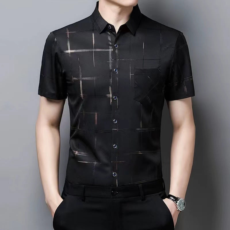 🧊(M-4XL) Letnia koszula męska z krótkim rękawem i kołnierzem ze stójką z lodowego jedwabiu