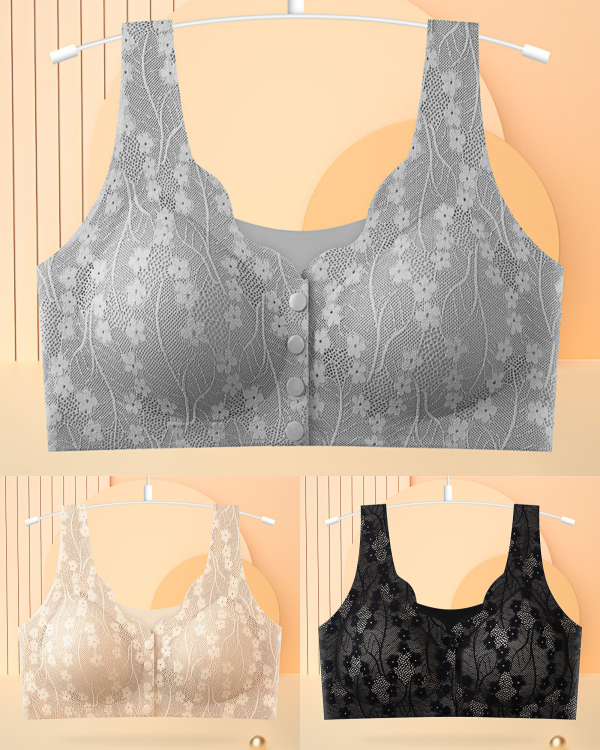 😍【3 sztuk】【40-100KG】Damski, bezprzewodowy, koronkowy biustonosz zapinany z przodu,Ostatni dzień - 49% zniżki