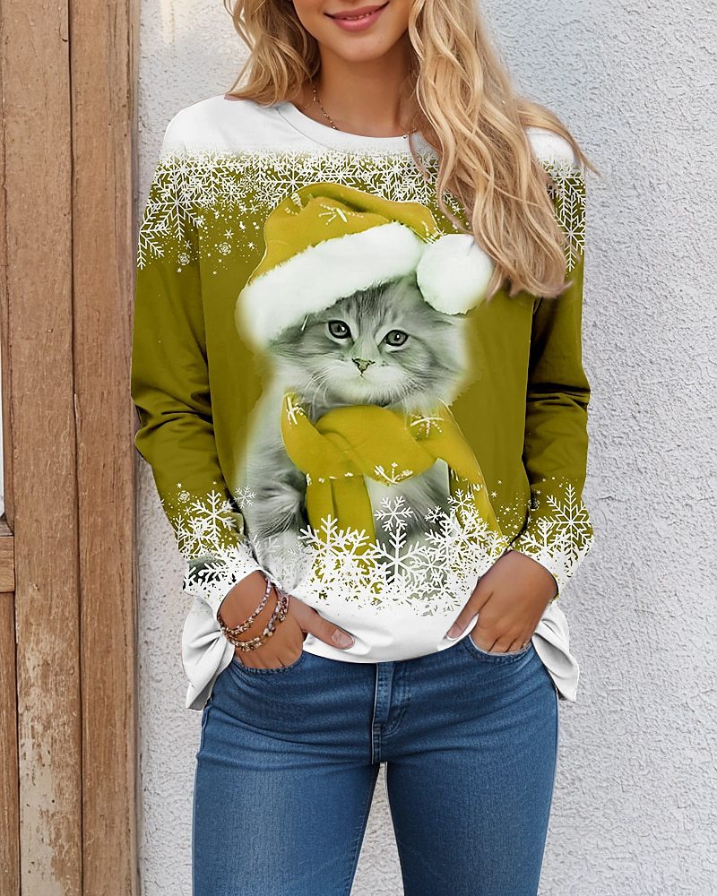🎄🧑🎄【S-8XL】 Świąteczna koszulka z długim rękawem i nadrukiem 3D z kotem