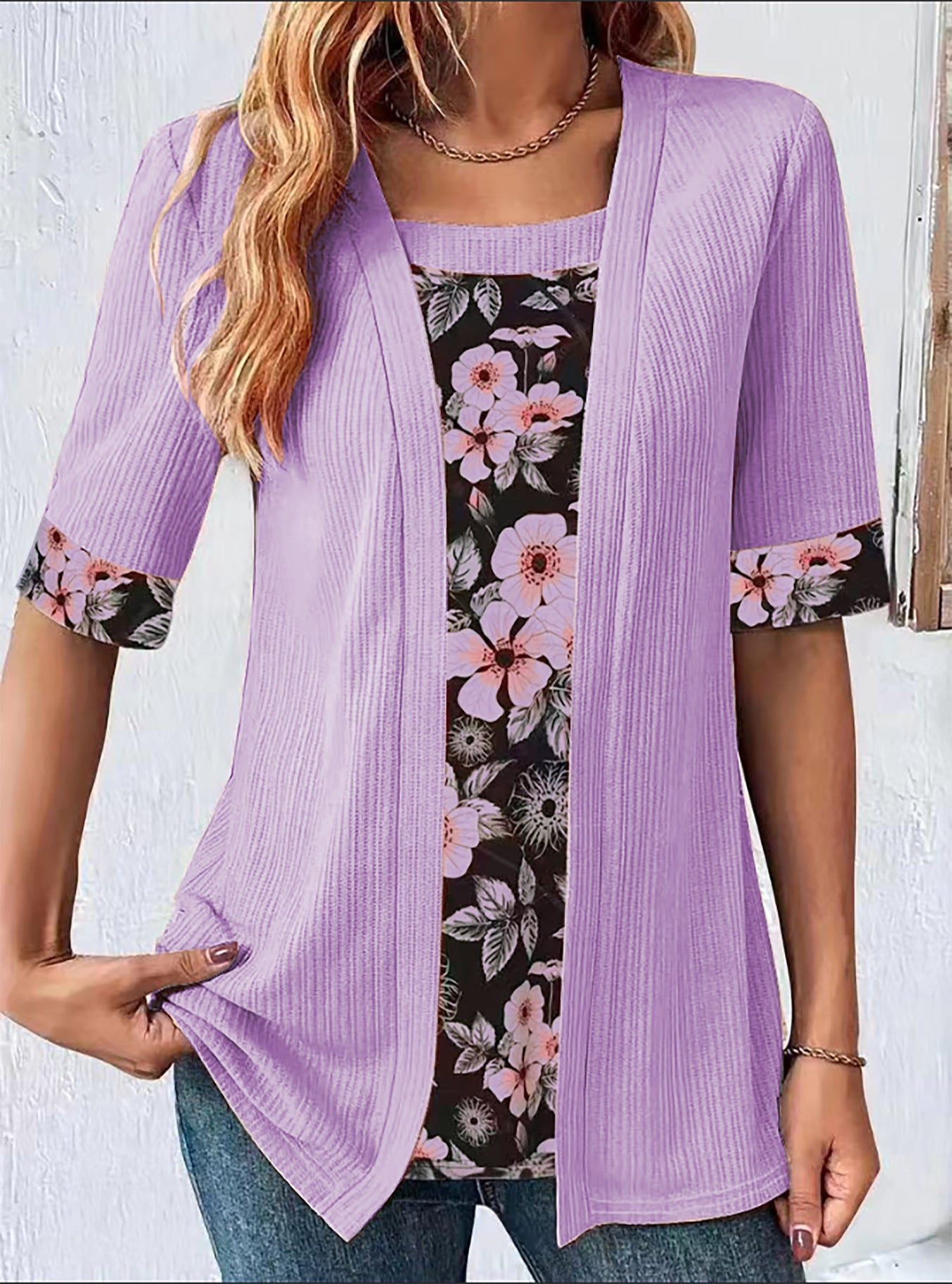 【✨45-100kg】😍Tricou fals pentru femei cu mânecă sfert din două piese