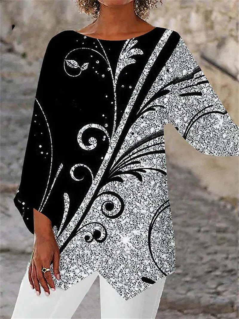 Spring Summer Geometric Print Long Sleeve Patchwork Crew Neck Shirt 3616362
